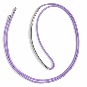 Detail view of a purple braided cord belt with silver metal ring and cylindrical accents