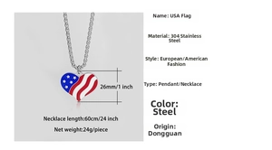 Detail of USA flag heart pendant in 304 stainless steel showing 26mm size and 60cm chain