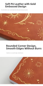 Detail of soft PU leather cover with gold foil sun and star pattern on daily planner