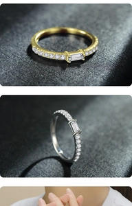 Detail of s925 silver ring with rectangular zircon and pave band in gold and silver finish