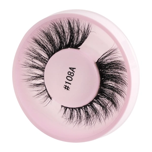 Close-up of black glue-free false eyelashes in a pink round case style #108A