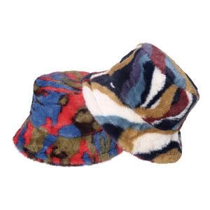 Colorful Faux Fur Bucket Hat Winter Warm Plush Printed Abstract Pattern Windproof Outdoor Fashion Accessory For Women