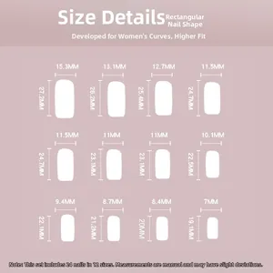 Size chart for press-on nails showing 12 dimensions and rectangular shape details