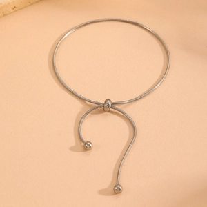 Silver adjustable snake chain Y-necklace with metallic beads and sliding tassel detail