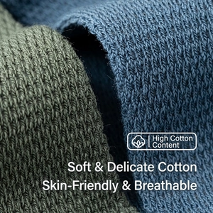 Close-up of olive green and denim blue knit cotton socks with soft breathable texture