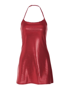 Mini robe rouge sexy à paillettes avec dos nu et motifs brillants pour style boîte de nuit