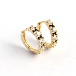 S925 sterling silver hoop earrings with two-tone black and clear cubic zirconia in gold
