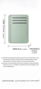 Macro detail of mint green PU leather card holder showing litchi texture and dimensions