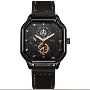 Men's square quartz sports watch with black leather strap and yellow stitching detail