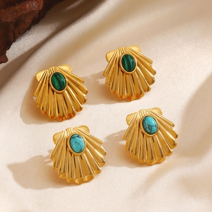 Shell Stud Earrings Stainless Steel Natural Malachite Turquoise Fan Shaped Bohemian Vintage Elegant Jewelry For Women