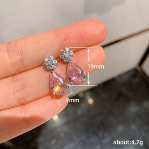 Elegant pink pear-cut gemstone drop earrings with floral crystal accents, 19mm length