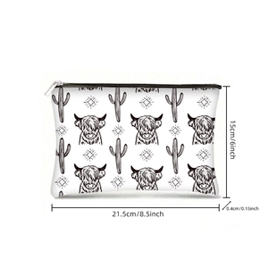 Canvas highland cow makeup bag with zipper showing 21.5cm x 15cm size dimensions