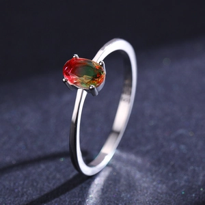 Elegant S925 silver ring featuring an oval gradient watermelon tourmaline stone on a dark surface