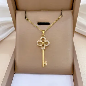 Key Pendant Necklace Gold Tone Titanium Steel Chain Zircon Inlaid Copper Jewelry Elegant Star Design Women