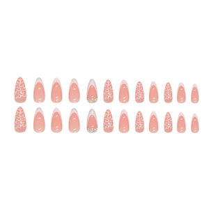 Almond-shaped press-on nails in white French style with heart patterns and rhinestones