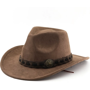 Vintage Western Cowboy Hat Faux Suede Wide Brim Retro Jazz Fedora With Braided Band And Metal Star Emblem