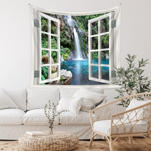 Detail of 3D window view tapestry showing a natural waterfall landscape for wall decor