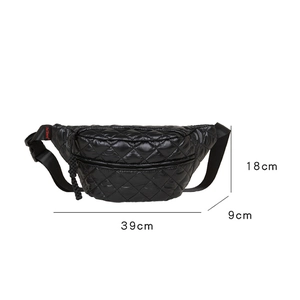 Detailed size measurement of black quilted belt bag showing 39cm length and 18cm height