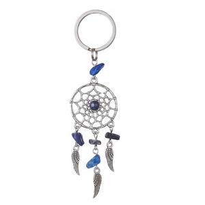 Dreamcatcher keychain with natural blue crystal stones and silver feather pendants