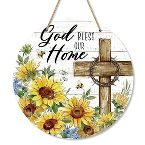 Rustikales Türschild mit Gott Segne Unser Heim Sonnenblumen und Holzkreuz