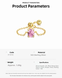 Detail showing 925 sterling silver chain ring with oval pink zircon and 18K gold plating