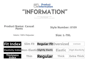 Size chart and fabric details for men's camouflage cargo pants with 100% polyester info