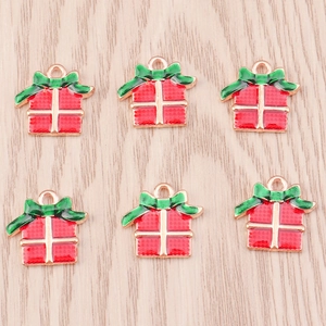 Set of 6 red gift box alloy charms with green bows for DIY jewelry making