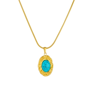 Gold oval turquoise pendant with twisted edge on snake chain stainless steel necklace