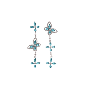 Silver butterfly tassel drop earrings with sparkling blue crystals and rhinestones