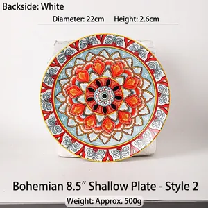 Piatto in ceramica bohémien da 8,5 pollici con motivo mandala rosso e blu, 22 cm