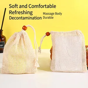 Natural Cotton Linen Soap Foaming Bag Mesh Scrubber Pouch With Wood Bead For Shower Bathing Exfoliating