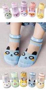 Close-up of kids summer mesh socks with cute cartoon animal patterns and macaron colors