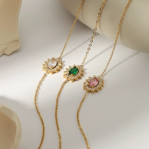 Vintage stainless steel bracelets with oval emerald, white and pink zircon sunflowers