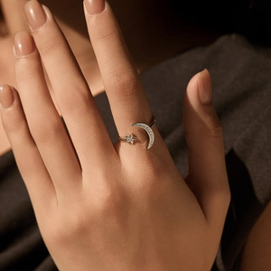 S925 sterling silver adjustable open ring with sparkling pavé star and moon design