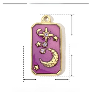 Detailed view of rectangular star and moon charm in purple enamel and stainless steel