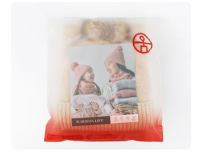Winter knitted beanie scarf set in beige color with branded zip lock bag packaging