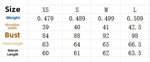 Detailed size chart showing measurements for ruffled waist blazer from size XS to L