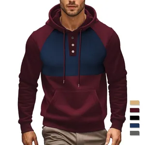 Men Hoodie Sweatshirt Polyester Long Sleeve Drawstring Buttons Kangaroo Pocket Contrast Color Block Casual Streetwear