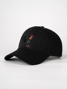 Close-up of a black cotton baseball cap featuring detailed colorful rooster embroidery
