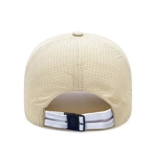 Beige quick-dry mesh baseball cap with breathable laser-cut holes and adjustable back strap