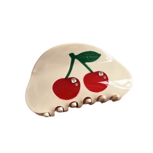 Cream cherry shark hair claw clip with red cherries and sparkling rhinestones