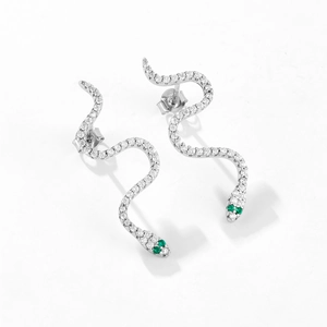 S925 sterling silver snake earrings with white cubic zirconia and green gem eyes
