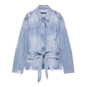 Women Denim Jacket Light Blue Cotton Distressed Ripped Belted Long Sleeve Turn-down Collar Vintage Streetwear Casual
