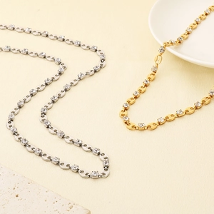 18K gold and silver pig nose coffee bean link chain necklaces with cubic zirconia inlay