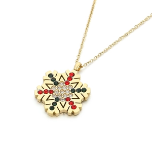 Golden snowflake pendant necklace with red and green crystals for Christmas gift