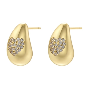 Golden teardrop stud earrings with pavé heart zirconia accents on white background