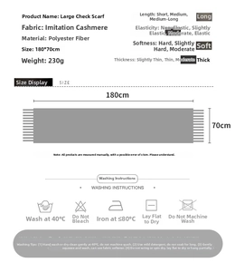 Size guide for gray checkered cashmere-feel scarf with 180x70cm dimensions and care tips