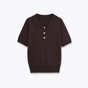 Women Knitted Polo Shirt Short Sleeve Polyester Gold Flower Artificial Pearl Buttons Elegant Casual Knit Top Solid Color Coffee