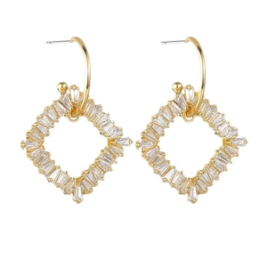 Elegant geometric square hollow earrings in gold finish with sparkling white zircon stones