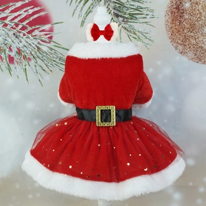 Vestito natalizio rosso per cani piccoli in pile con stelle dorate e papillon rosso